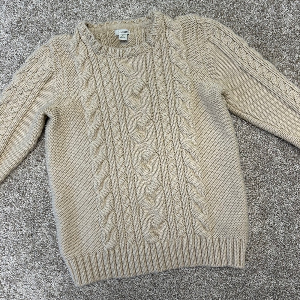 L.L. Bean Cable Knit Fisherman Sweater Women Size Large Cotton Tan/Beige Outdoor